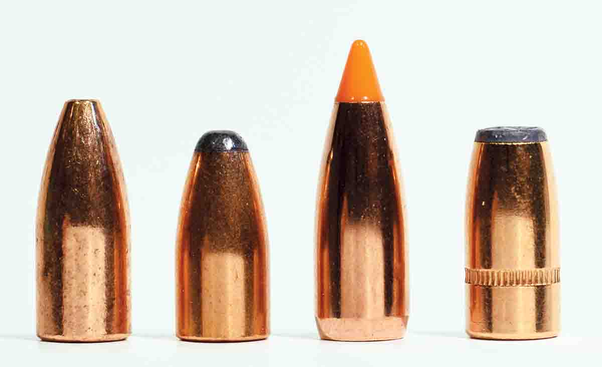 The four main bullets tested include (from left) the Barnes 30-grain Varmint Grenade, Sierra 40-grain (.223 inch) RN, Nosler 40-grain Ballistic Tip and the Speer 46-grain FN. The Speer is stabilized at anything from 2,500 fps up, while the lighter, but  considerably longer, Ballistic Tip cannot be stabilized in a 1:16 twist at any attainable .22 K-Hornet velocity.